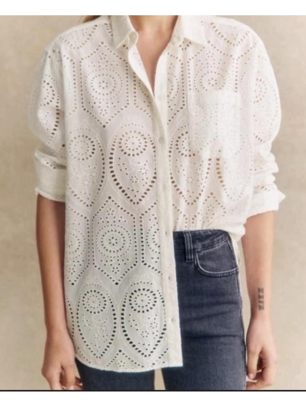 Sézane Max Broderie Eyelet Cotton Button-Up Blouse Ecru Size 42